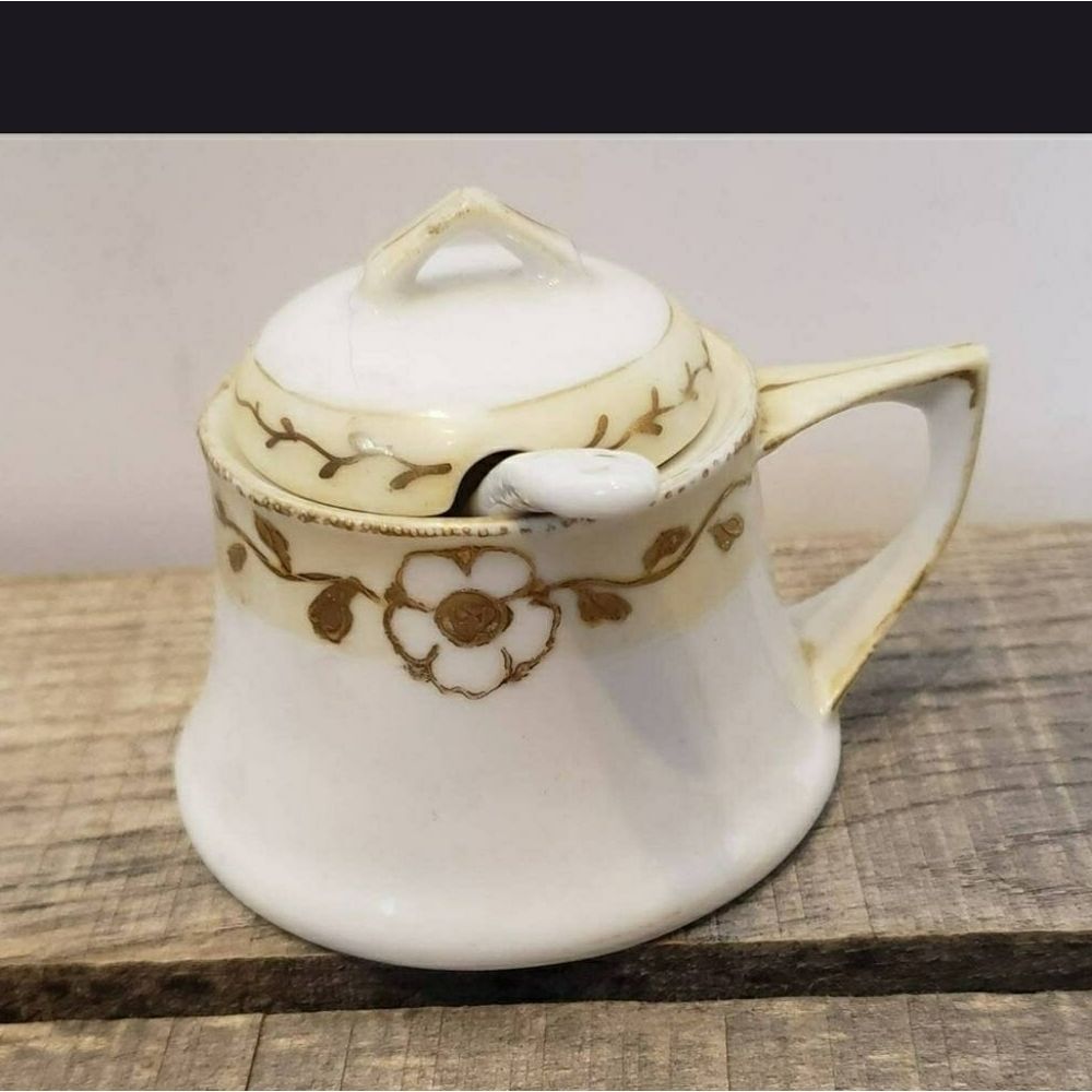 ANTIQUE NIPPON Porcelain Condiment Jar Sugar Bowl With Spoon Collectible